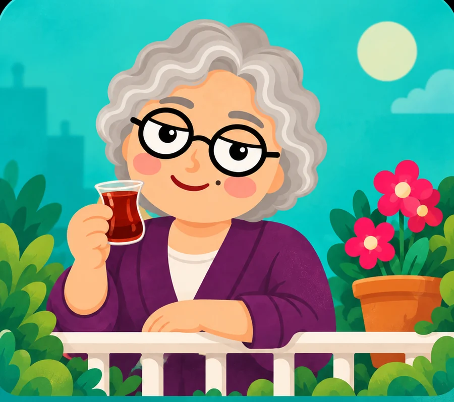 Teyze on her balcony with çay, geraniums and the city behind her.