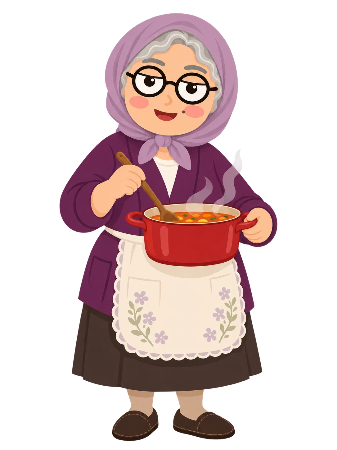 Teyze cooking soup in a red pot.